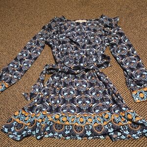 LOFT Navy Boho Paisley Patterned Long Sleeve Dress with Belt